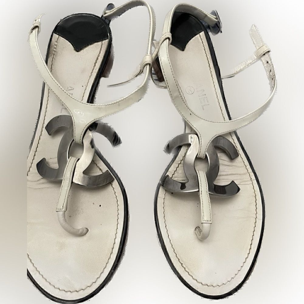 Chanel white silver logo sandals